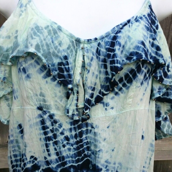 Vintage Free People Boho Tank Top Blue Tie Dye with Ruffle Tiny Metel Ball Studs - Picture 2 of 2